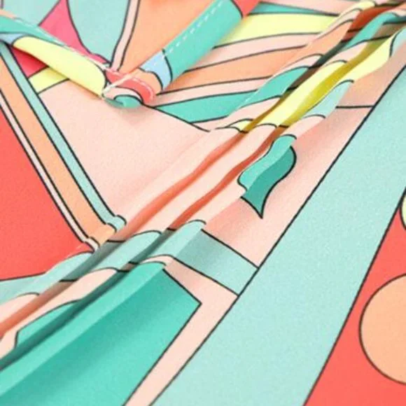 Multicolor Abstract Geometric Print Tassel Tie Flared Dress - Picture 5 of 6